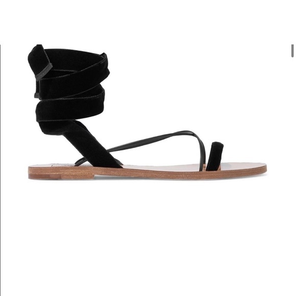 VALENTINO GARAVANI Black Lace Up Leather Trimmed‎ Velvet Sandals Size 36.5